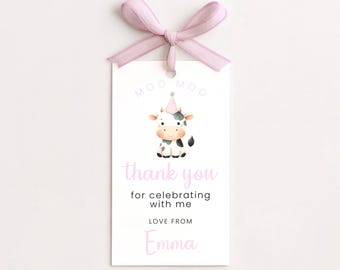 Cow Birthday Thank You Tag, Pink Farm Favor (Editable, Printable)