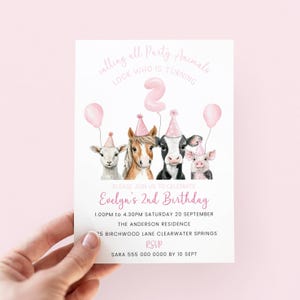 May include: A birthday invitation featuring watercolor illustrations of a lamb, horse, cow, and pig wearing party hats and holding balloons. The invitation reads "Evelyn's 2nd Birthday" with event details and RSVP information.