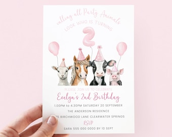 May include: A birthday invitation featuring watercolor illustrations of a lamb, horse, cow, and pig wearing party hats and holding balloons. The invitation reads "Evelyn's 2nd Birthday" with event details and RSVP information.