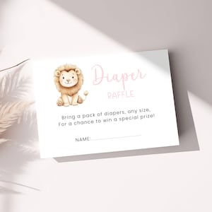 Löwe-Windel-Verlosungskarte, bearbeitbar Rosa Safari-Babyparty-Windel-Verlosungskarte druckbar, Windel-Verlosungseinsatz-Babyparty für Mädchen, rosa
