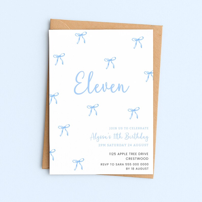 Blue Bow Invitation Girl 11, Editable 11th Birthday Party Invite Girls image 2