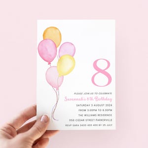 Girl 8th Birthday Invitation, Pastel 8th Birthday Invite Editable, Balloon Birthday Invitation for 8 Year Old Birthday Party Invitation Girl