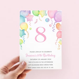 Girl 8th Birthday Invitation Rainbow Pastel 8th Birthday Invite for 8 Year Old Girl Birthday Party, Colorful Party Invite for Kids, Classic