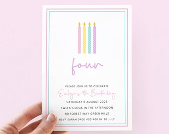パステルカラーの4歳の誕生日招待状（女の子向け）、4歳児向けパーティー招待状、デジタルダウンロード