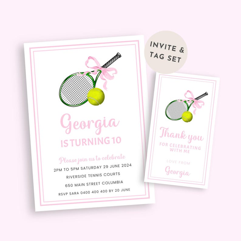 Tennis Birthday Invitation & Tag Set, Pink Tennis Party Favor Tags ...