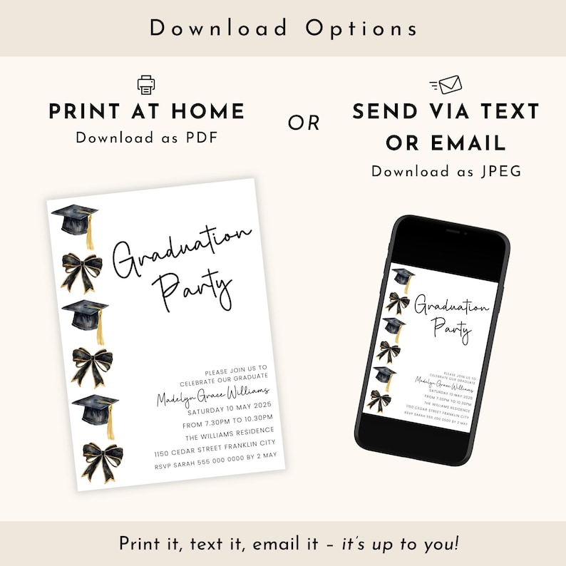 Afstudeeruitnodiging zwarte strik, bewerkbare afstudeerfeest uitnodiging meisje 2026 afbeelding 5