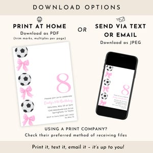 Voetbal verjaardagsuitnodiging meisje, bewerkbare meisje voetbal uitnodiging, roze strik voetbal uitnodiging voor feest afbeelding 7