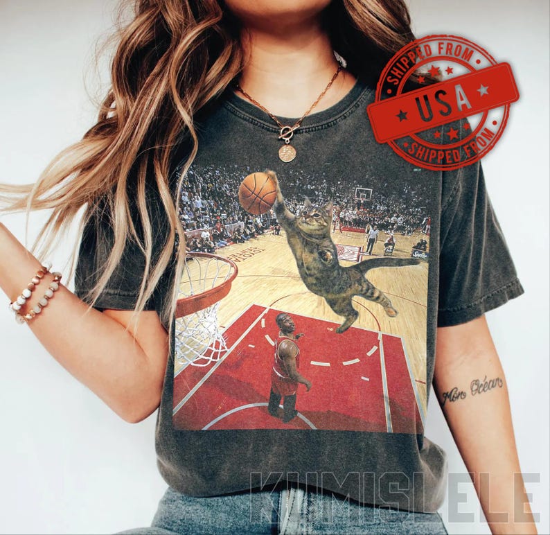 Vintage Funny Cat Dunking Basketball Meme Cat T-Shirt | Humor, Sports, Comfort Colors Shirt image 2