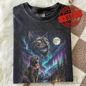 Tortoiseshell Cat Graphic Tee, Vintage Tortie Cat Lover T-Shirt, Northern Lights Celestial Moon Cat Shirt, Comfort Colors Feline Apparel