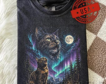 Schildpatt Katze Grafik T-Shirt, Vintage Tortie Katzenliebhaber T-Shirt, Nordlichter Himmlischer Mond Katzen Shirt, Komfort Farben Feline Bekleidung
