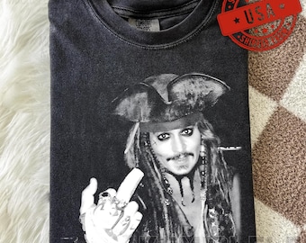 Captain Jack Sparrow Middle Finger Shirt, Funny Pirate Vintage Graphic Tee, Johnny Depp Movie T-Shirt, Comfort Colors Washed Black Shirt