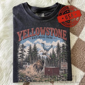Puede incluir: Una camiseta gris carbón con un gráfico del Parque Nacional de Yellowstone. El diseño muestra a una persona siendo lanzada al aire por un bisonte cerca de un vehículo blanco y una caja de madera, con el texto Yellowstone National Park y Wildlife is Wild.