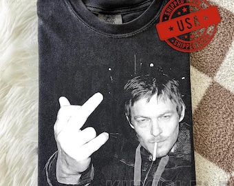 Daryl Dixon Shirt, Norman Reedus Vintage T-Shirt, The Walking Dead Middle Finger, TWD Merch, Retro Bootleg Style Rap Tee, Washed Black Shirt