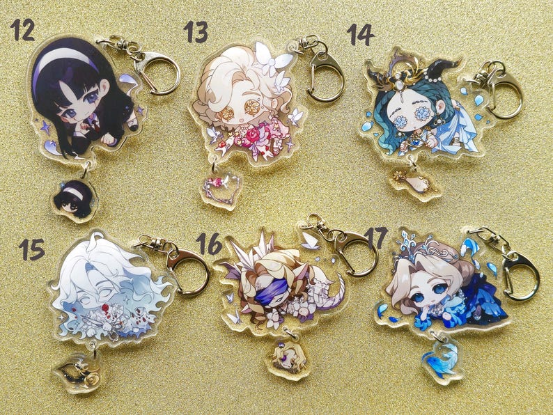 May include: Set of ten colorful anime character keychains. Each keychain features a different character with a unique design and color scheme. The keychains are made of clear acrylic and have a metal ring for attaching to keys or bags.