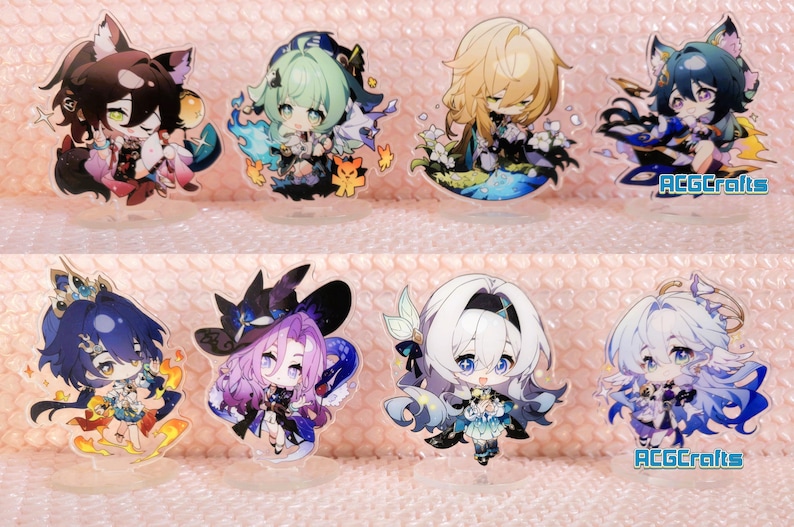 May include: Eight colourful anime character acrylic stands. The characters are all female and have different hair colours, outfits, and accessories. The stands are clear and have a white background. The text "ACGCrafts" appears in the bottom right corner of the image.