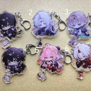 May include: Six anime-style acrylic keychains featuring chibi characters with various hair colors and outfits. Each keychain has a silver clasp. The characters are numbered 1 through 6.