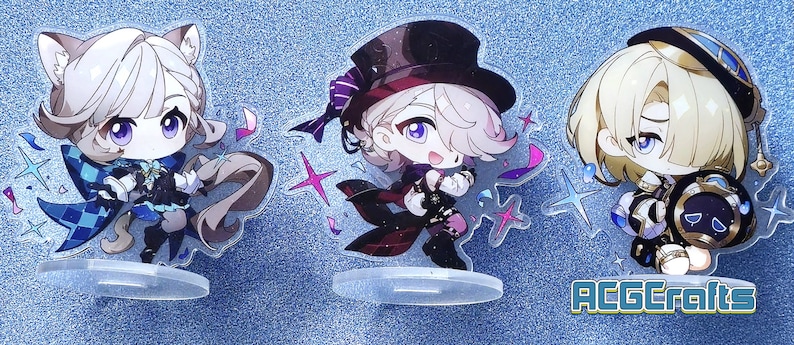 May include: Three anime character acrylic stands with a sparkly background. The characters are all young men with white hair and different outfits. The stand on the left has a blue and white checkered pattern, the middle stand has a red and black pattern, and the stand on the right has a gold and black pattern. The text "ACGCrafts" is visible in the bottom right corner of the image.