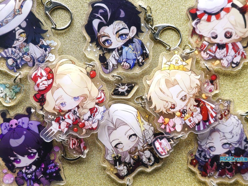 May include: A set of ten colorful anime character keychains. The keychains are made of clear acrylic and feature different characters with various expressions and poses. Each keychain has a metal ring for attaching to a bag or other item.