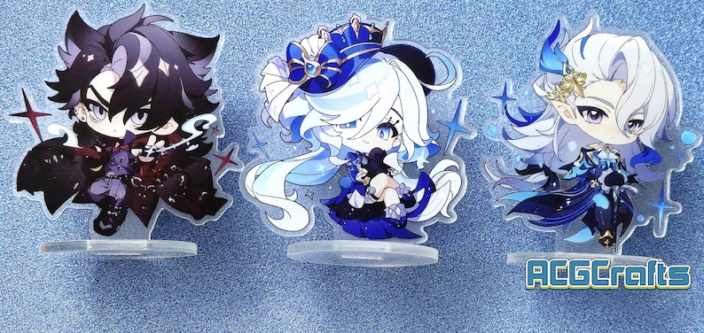 May include: Three anime character acrylic stands. The characters are depicted in a chibi style. The first character is a male with black hair and a black and red outfit. The second character is a female with white hair and a blue and white outfit. The third character is a male with white hair and a blue and black outfit. The stands are on a blue background. The text "ACGCrafts" is visible in the bottom right corner of the image.