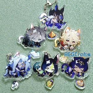 May include: Six colourful anime character keychains with cat ears, each holding a small dessert. The keychains are made of clear acrylic and feature glitter accents. The text "ACGcrafts" is visible in the bottom right corner.