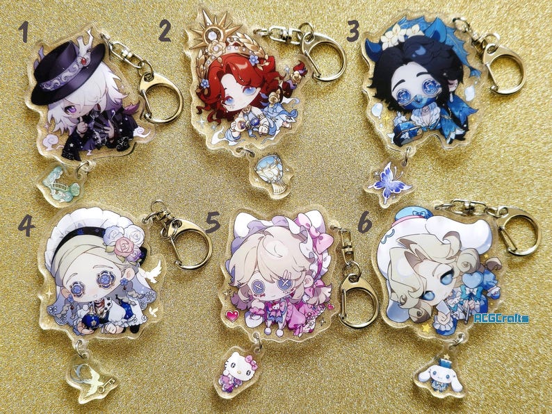 May include: Ten colorful acrylic keychains featuring anime-style characters with different expressions and poses. Each keychain has a metal ring and a clear background with glitter accents.