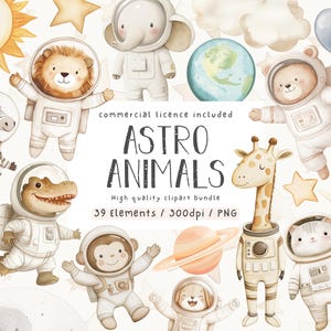Conjunto de clipart de animais espaciais, pacote de clipart, espaço em aquarela, uso comercial, clipart, animal, berçário espacial, PNG, pacote de astronautas animais