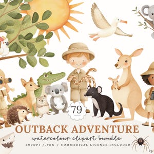 May include: A watercolour clipart bundle titled "Outback Adventure" featuring Australian animals and children explorers. Includes a kangaroo with a joey, a koala, a crocodile, and other illustrations.