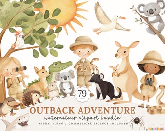 Watercolor Australian Animals Clipart Bundle: Nursery Illustrations (PNG, Commercial Use)