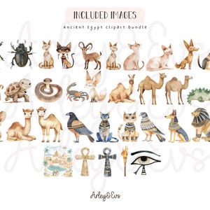 May include: Watercolor illustrations of Ancient Egypt-themed clip art. The collection includes various animals like cats, camels, and scarab beetles, along with Egyptian symbols such as ankhs and the Eye of Horus. The text "Included Images" is at the top.