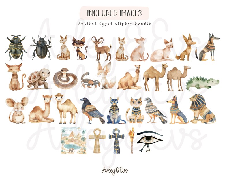 May include: Watercolor illustrations of Ancient Egypt-themed clip art. The collection includes various animals like cats, camels, and scarab beetles, along with Egyptian symbols such as ankhs and the Eye of Horus. The text "Included Images" is at the top.