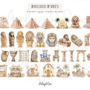May include: Watercolor illustrations of Ancient Egypt, including pyramids, sphinxes, sarcophagi, and other historical elements. The text "Included Images" and "Ancient Egypt clipart bundle" are at the top, with the artist's name at the bottom.