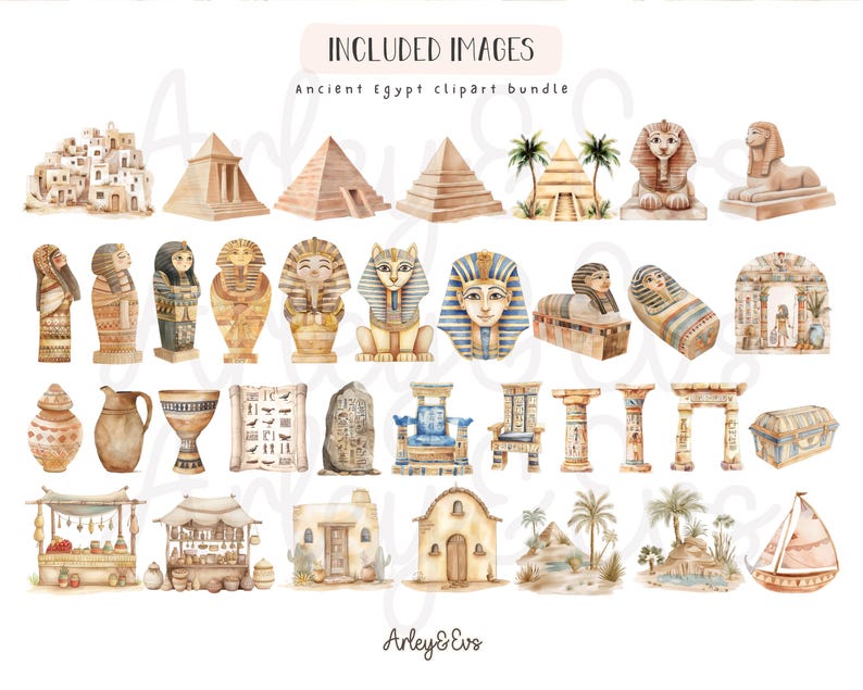 May include: Watercolor illustrations of Ancient Egypt, including pyramids, sphinxes, sarcophagi, and other historical elements. The text "Included Images" and "Ancient Egypt clipart bundle" are at the top, with the artist's name at the bottom.
