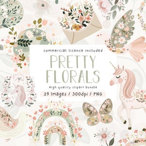 Conjunto de clipart floral, pacote de clipart, florais em aquarela, uso comercial, clipart, ilustrações de pombas florais, PNG, estilo de ilustração escandinavo
