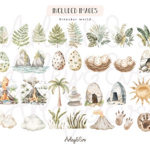 May include: Watercolor illustrations of a dinosaur world, including eggs, nests, volcanoes, palm trees, and foliage. The text "INCLUDED IMAGES Dinosaur World" is at the top. The illustrations are in shades of green, brown, and beige.