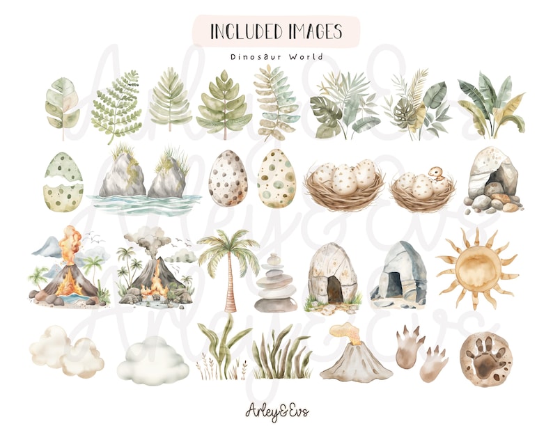 May include: Watercolor illustrations of a dinosaur world, including eggs, nests, volcanoes, palm trees, and foliage. The text "INCLUDED IMAGES Dinosaur World" is at the top. The illustrations are in shades of green, brown, and beige.