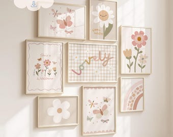 Girls Flower Room Prints: Gallery Bundle, Playful Nursery & Kids Room Wall Art (Digital Download)
