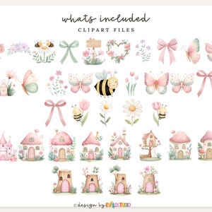 May include: Watercolor clipart set featuring various elements like butterflies, bees, flowers, bows, houses, and a castle. The text "whats included" and "CLIPART FILES" is at the top. The design is by EVFLSTUDIO.