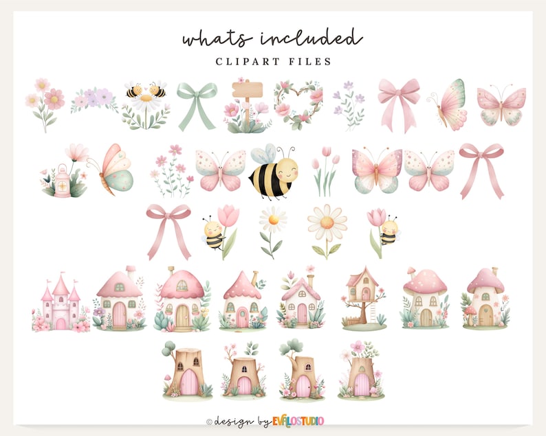 May include: Watercolor clipart set featuring various elements like butterflies, bees, flowers, bows, houses, and a castle. The text "whats included" and "CLIPART FILES" is at the top. The design is by EVFLSTUDIO.