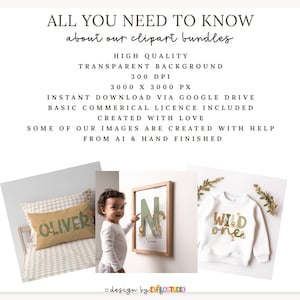 May include: Image advertising clipart bundles, with text: "ALL YOU NEED TO KNOW about our clipart bundles." Features a pillow with "OLIVER", a framed "N" initial, and a "WILD one" sweatshirt. The image also states "HIGH QUALITY" and "TRANSPARENT BACKGROUND."