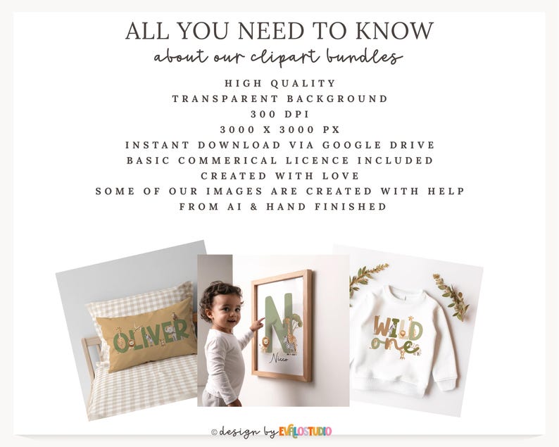 May include: Image advertising clipart bundles, with text: "ALL YOU NEED TO KNOW about our clipart bundles." Features a pillow with "OLIVER", a framed "N" initial, and a "WILD one" sweatshirt. The image also states "HIGH QUALITY" and "TRANSPARENT BACKGROUND."