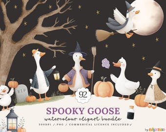 Spooky Goose Halloween Clipart Bundle, Cute, PNG, Fall Watercolor Graphics, Pumpkin & Autumn Clip Art, Commercial Licence, Silly Goose, GC1