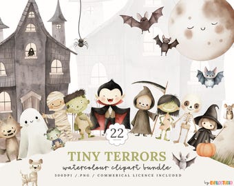 May include: A watercolour clipart bundle named "Tiny Terrors" showcasing Halloween characters such as a vampire, mummy, and skeleton. The image includes a haunted house, bats, a full moon, and the text "22 images".