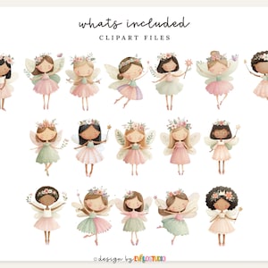 May include: A collection of watercolor fairy clipart files. Each fairy is depicted with floral crowns, wings, and dresses in pastel colors like pink, green, and peach. The text "whats included" and "clipart files" is at the top of the image.