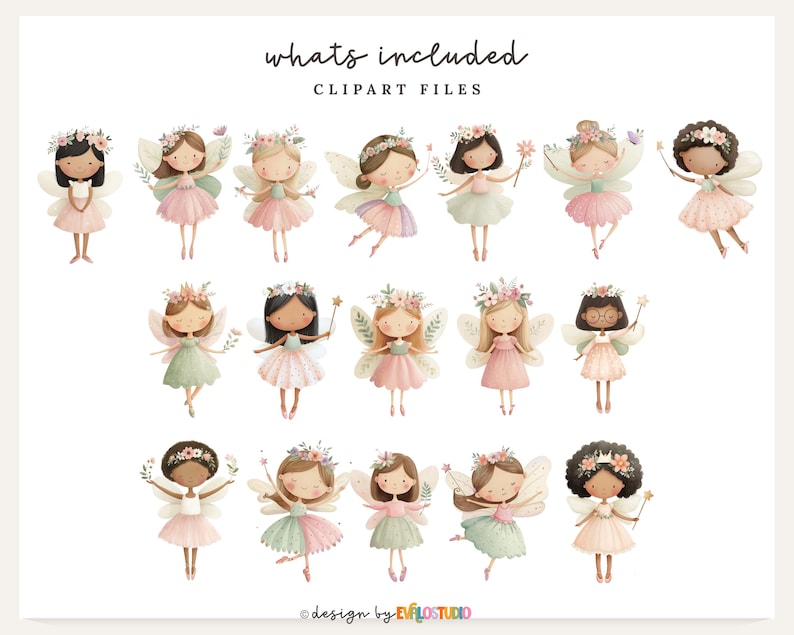 May include: A collection of watercolor fairy clipart files. Each fairy is depicted with floral crowns, wings, and dresses in pastel colors like pink, green, and peach. The text "whats included" and "clipart files" is at the top of the image.
