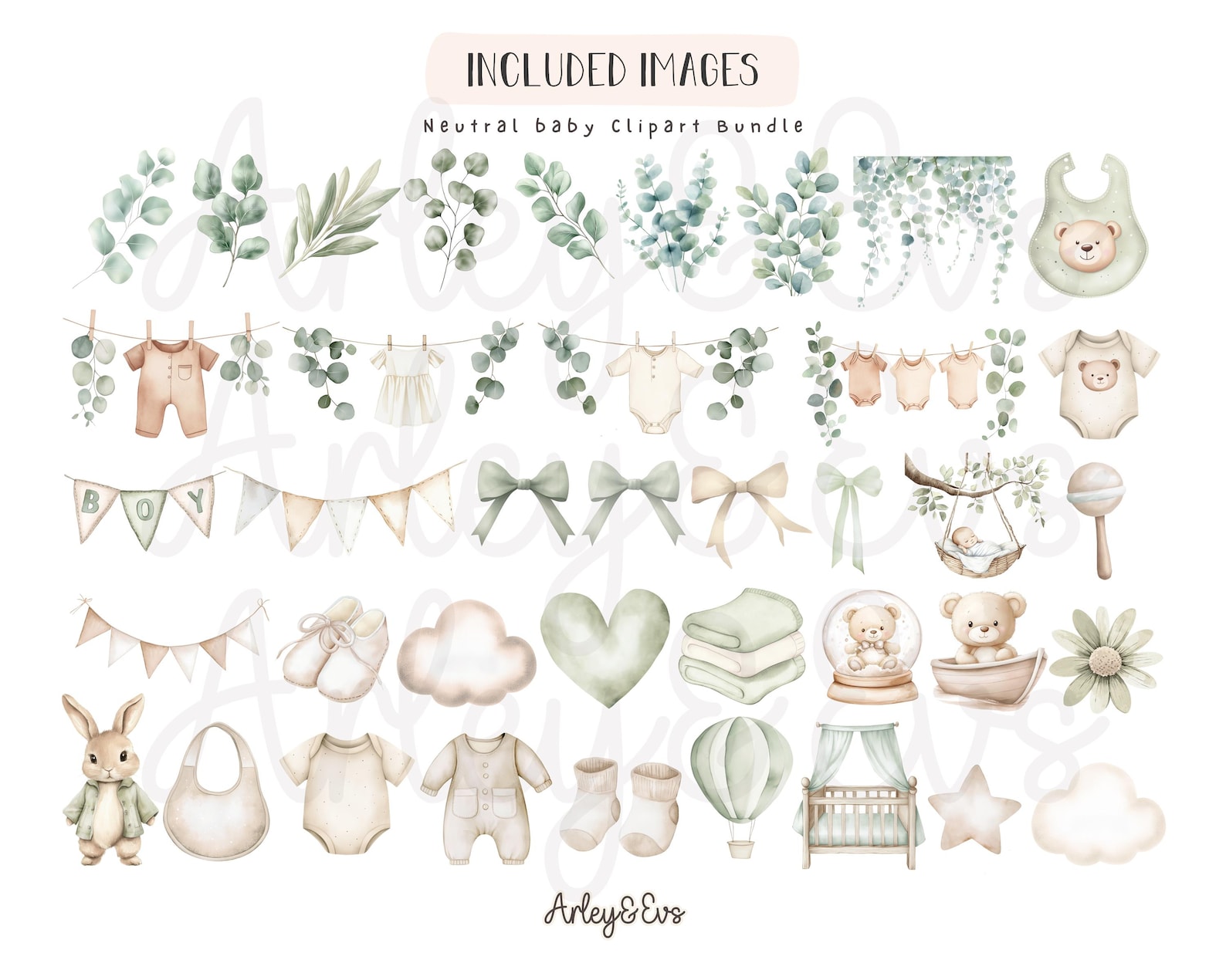 Watercolor Baby Shower Clipart Bundle: Neutral Green, Teddy Bear (PNG ...