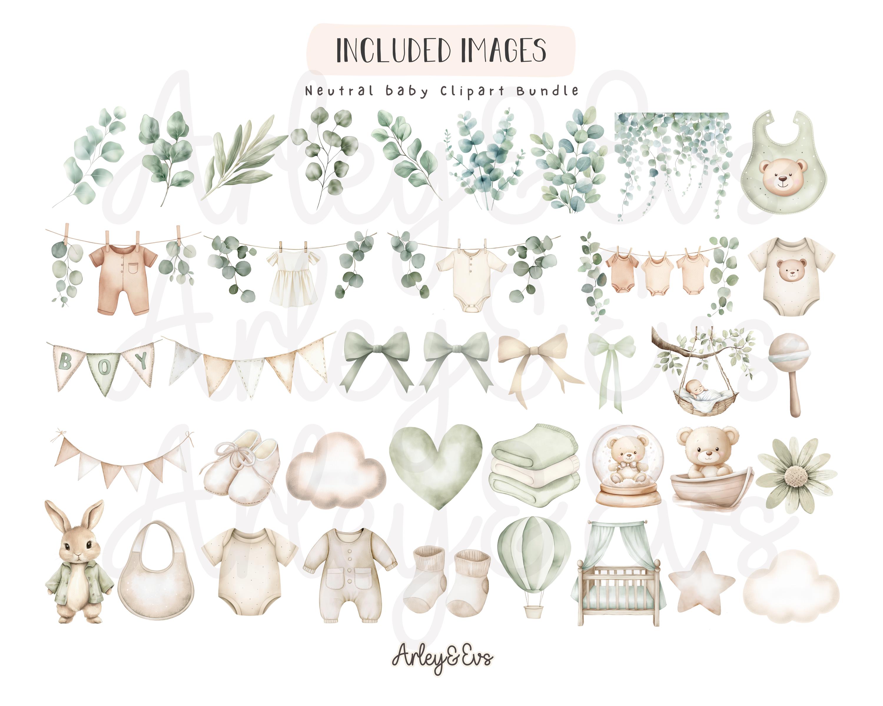 Watercolor Baby Shower Clipart Bundle: Neutral Green, Teddy Bear (PNG ...