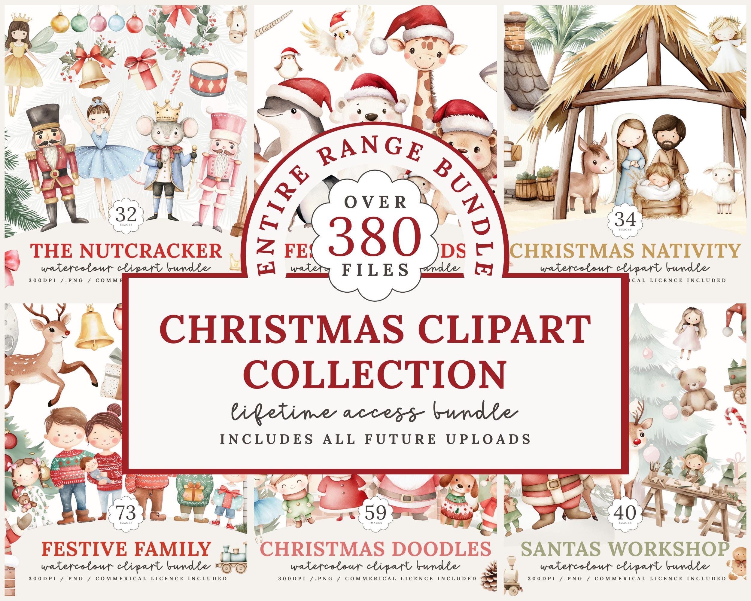 Watercolour Christmas Clipart Bundle, PNG, Commercial Licence, Lifetime Access, Santas Workshop, Nativity, Tropical, Doodles, Animals