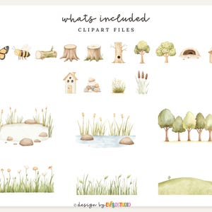 May include: Watercolor clipart set featuring various nature elements. Includes a butterfly, bee, tree stumps, trees, a birdhouse, and other outdoor scenes. The text "whats included" and "clipart files" is at the top.