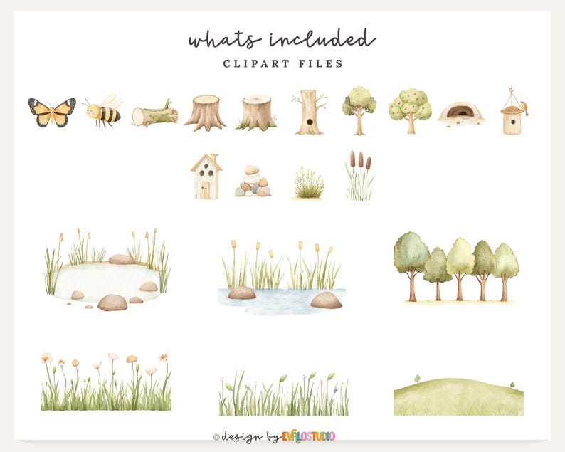 May include: Watercolor clipart set featuring various nature elements. Includes a butterfly, bee, tree stumps, trees, a birdhouse, and other outdoor scenes. The text "whats included" and "clipart files" is at the top.