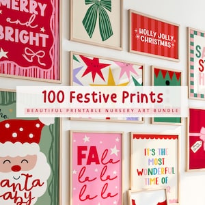 May include: A collection of framed Christmas-themed prints. The prints feature festive text like "Merry and Bright" and "Holly Jolly Christmas," along with images of a bow, stars, and Santa Claus. The text "100 Festive Prints" is also visible.